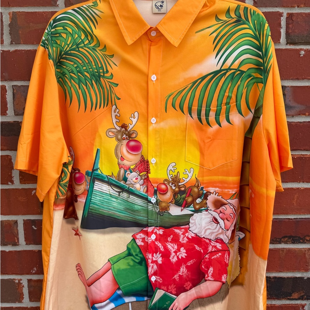 Hardaddy Mens XXL Santa & Reindeer Beach Hawaiian Short Sleeve Orange Shirt G3